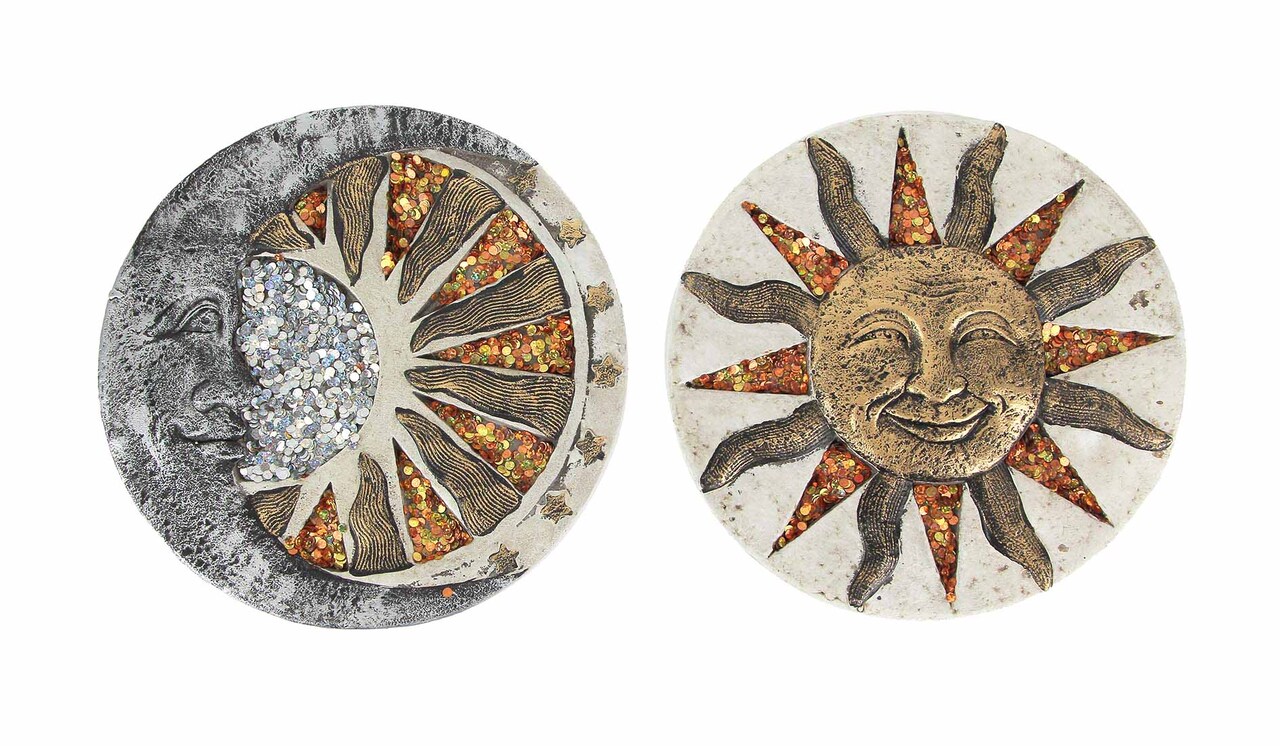 Set Of 2 Cement Sun Moon Stone Sculpture Hanging Garden Walkway Decorative Art